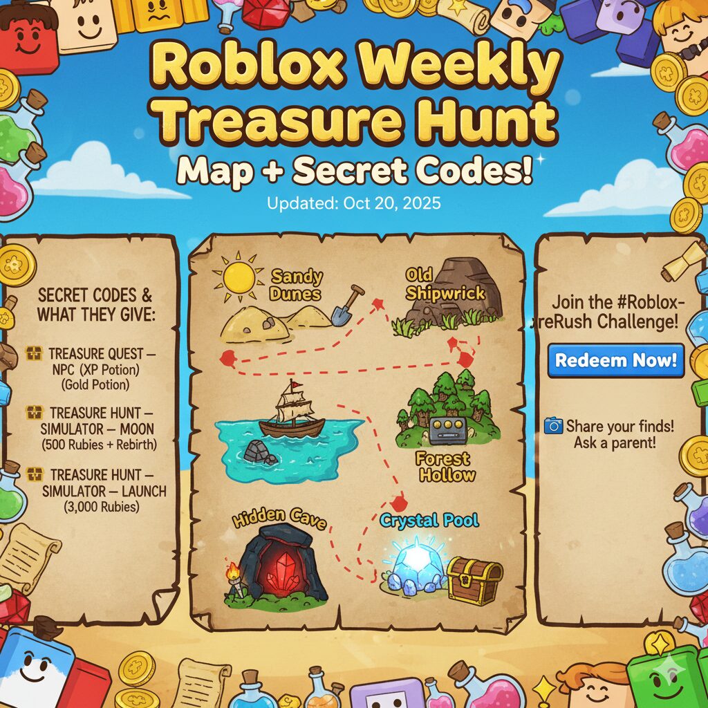 🔍 Roblox Weekly Treasure Hunt — Map + Secret Codes (Kid-Friendly)