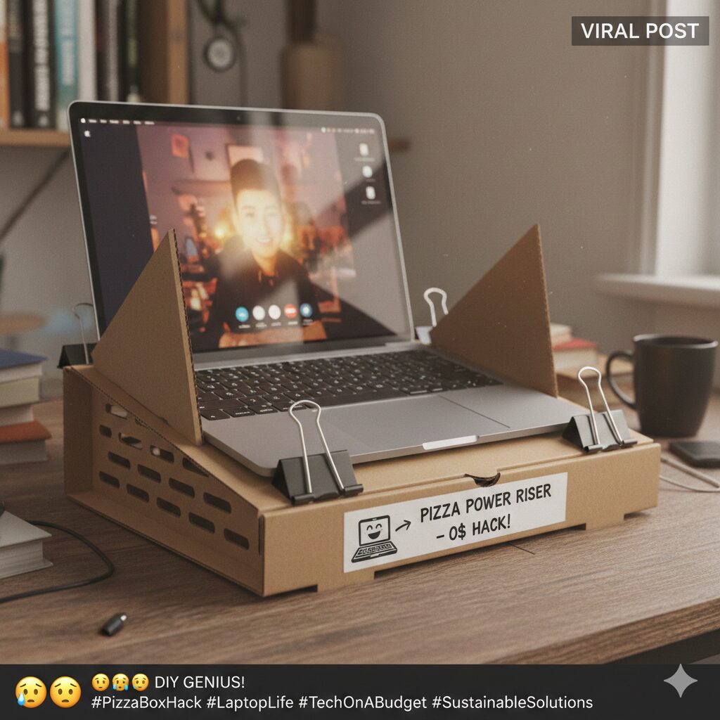Pizza-box adjustable laptop riser — cheap, ventilated, collapsible