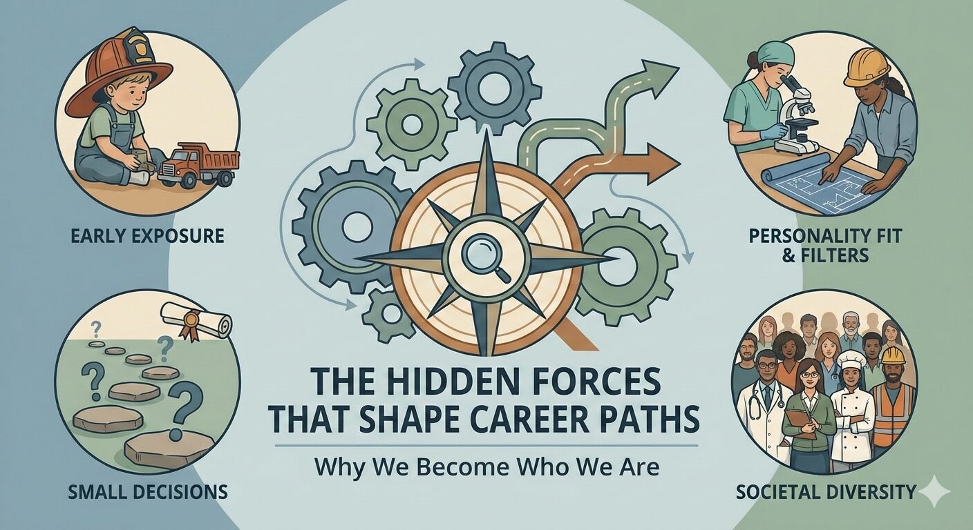 The Hidden Forces That Shape Career Paths Why does one person become a firefighter, another a dentist, and another a medical resident — while millions never even consider those paths? Career choice often feels mysterious. Some people seem “born” for their profession, while others drift into a job without ever planning it. The truth is: choosing a profession is rarely a single decision. It is the result of many hidden forces working together over time. In this article, we’ll break down how people really end up in specific careers, and why society naturally spreads across so many professions instead of clustering into just a few. 1. Personality and Psychological Fit Not everyone is wired the same way — and careers quietly filter people based on personality. Some examples: High-risk, action-oriented personalities gravitate toward firefighting, emergency response, or the military. Detail-focused and precision-driven individuals often choose dentistry, surgery, or engineering. Empathetic and emotionally sensitive people are drawn to medicine, therapy, education, or social work. System thinkers and problem solvers often end up in technology, infrastructure, or data-related roles. A key factor is stress tolerance: Not everyone can handle blood, pain, or life-and-death decisions. Not everyone can sit in front of a screen for 10 hours a day. Not everyone can function under constant pressure or uncertainty. Careers naturally attract people who can survive their emotional demands. 2. Early Exposure Shapes What Feels “Possible” Most people don’t choose from all careers — they choose from the ones they know exist. Early exposure matters: Parents’ professions Family expectations Teachers and mentors Media, movies, and role models A child raised around doctors often sees medicine as realistic. Someone who never met an engineer may never consider engineering. Many careers aren’t chosen — they are noticed at the right moment. 3. Natural Filters Eliminate Most Candidates Even when many people want the same profession, only a few pass the filters. Common filters include: Academic ability (grades, entrance exams, certifications) Mental endurance (long training, high responsibility) Financial reality (years without income, tuition costs) Patience and delayed gratification For example: Many want to become doctors — few survive medical residency. Many want to work in tech — not all enjoy continuous problem-solving. Many like the idea of high-status jobs — fewer like the daily grind. Careers self-select people through difficulty. 4. Careers Are Built From Small Decisions, Not Big Ones Almost nobody wakes up one day and says: “I will become a dentist.” Instead, it looks like this: A good grade in biology A positive experience with a professional A suggestion from someone trusted One successful step forward Repeating what seems to work Careers are paths, not destinations chosen upfront. 5. Society Requires Professional Diversity If everyone chose the same profession, society would collapse. We need: Doctors and nurses Firefighters and police Engineers and technicians Teachers and caregivers Builders, planners, operators, and maintainers Human diversity isn’t a flaw — it’s a system feature that keeps civilization functional. 6. The Uncomfortable Truth: Most People Don’t Follow a “Calling” A hard truth: Most people do not discover a life purpose. They find something tolerable, achievable, and sustainable. Meaning often comes after entering a profession, not before. In hindsight, people tell a clean story. In reality, most careers are shaped by chance, limits, and adaptation. Final Thoughts: Careers Are Less About Destiny and More About Fit People don’t choose careers because they are special — they choose them because: The career fits their psychology They were exposed to it early enough They passed the filters They kept moving forward when others stopped A profession is not a verdict on intelligence or value. It’s simply where a person and a system happened to align.